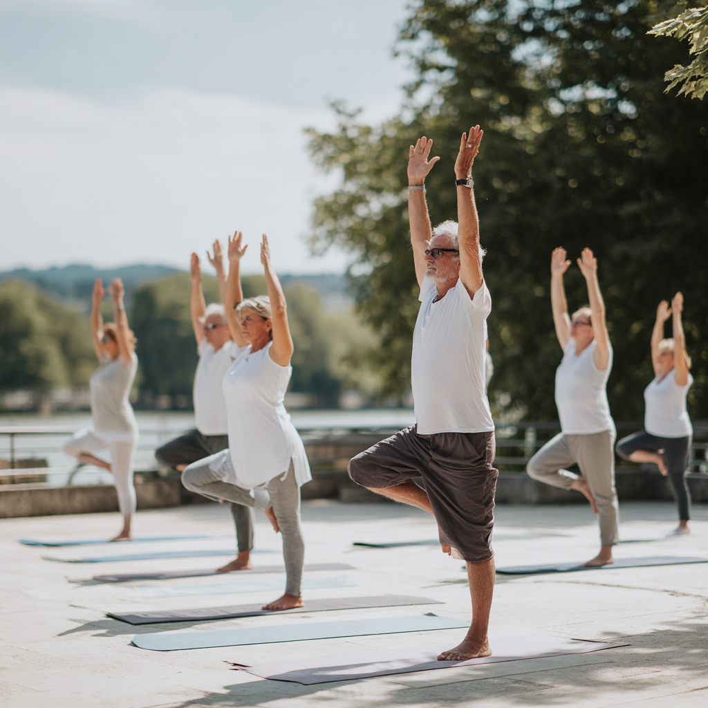 Középkorú magyar nő békésen meditál természetes környezetben, mosolygós arccal