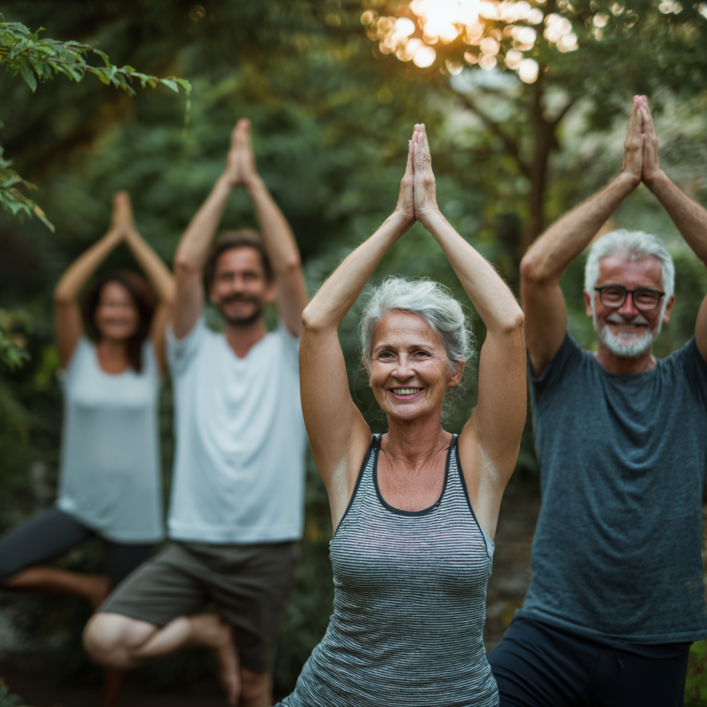 Fiatal magyar férfi és nő együtt gyakorol jógát szabadtéren, mosolygós, koncentrált arckifejezéssel