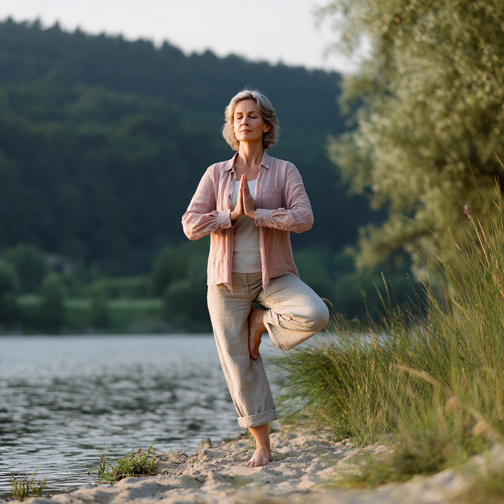 Idősebb magyar házaspár mosolyogva gyakorol könnyű jóga mozdulatokat otthoni környezetben